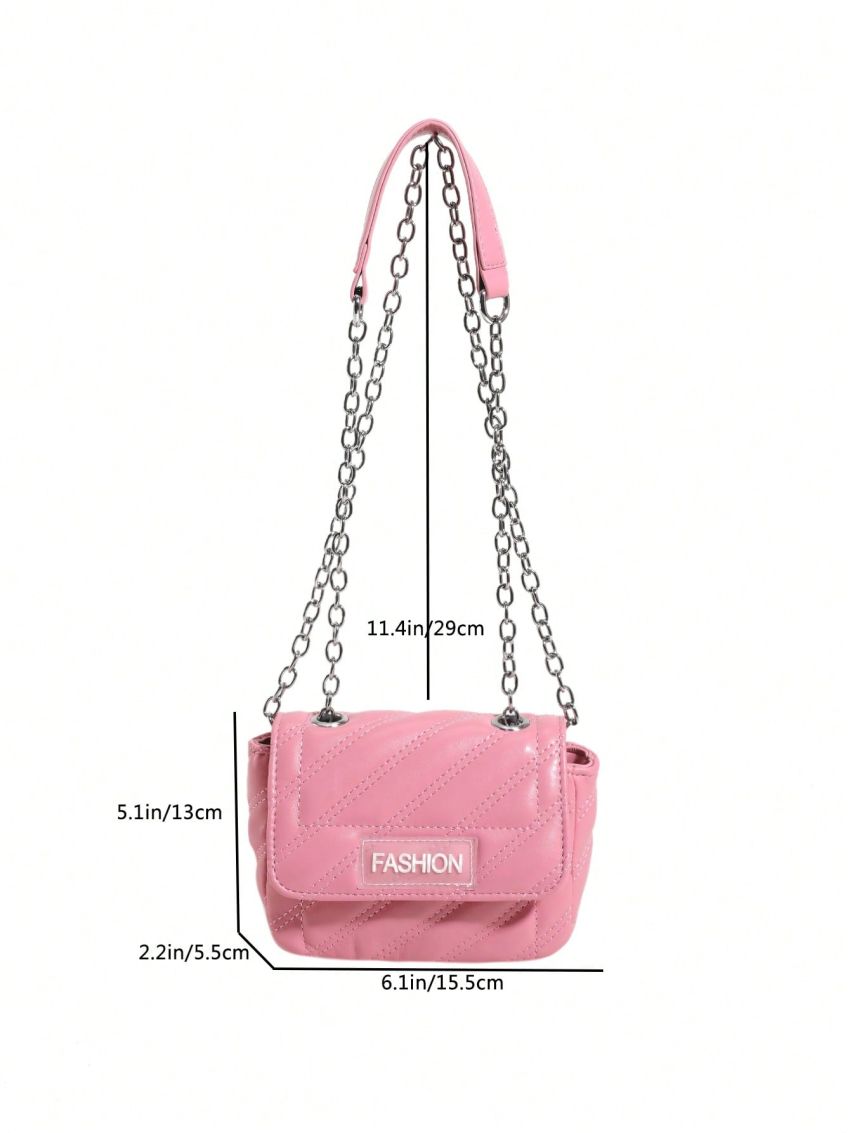 Mini PU Square Bag Letter Patch Decor Quilted Detail Flap Chain