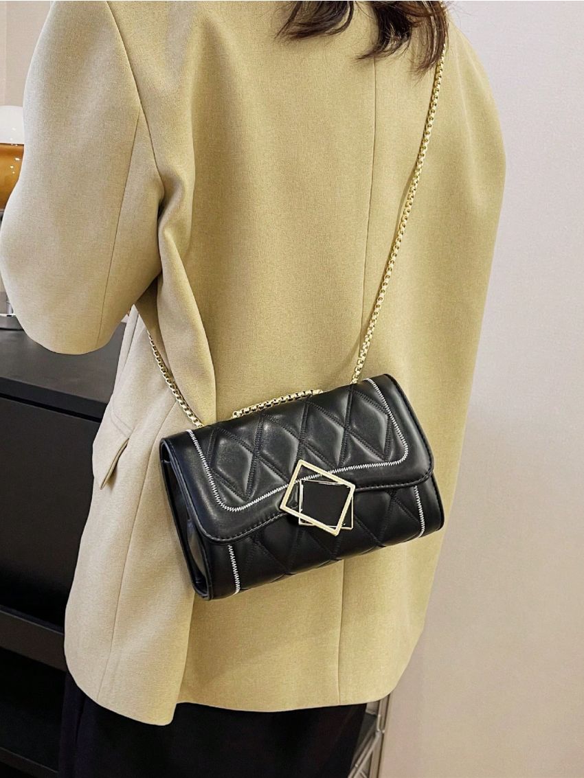 PU Square Bag Lozenge Pattern Metal Decor Flap Chain Black