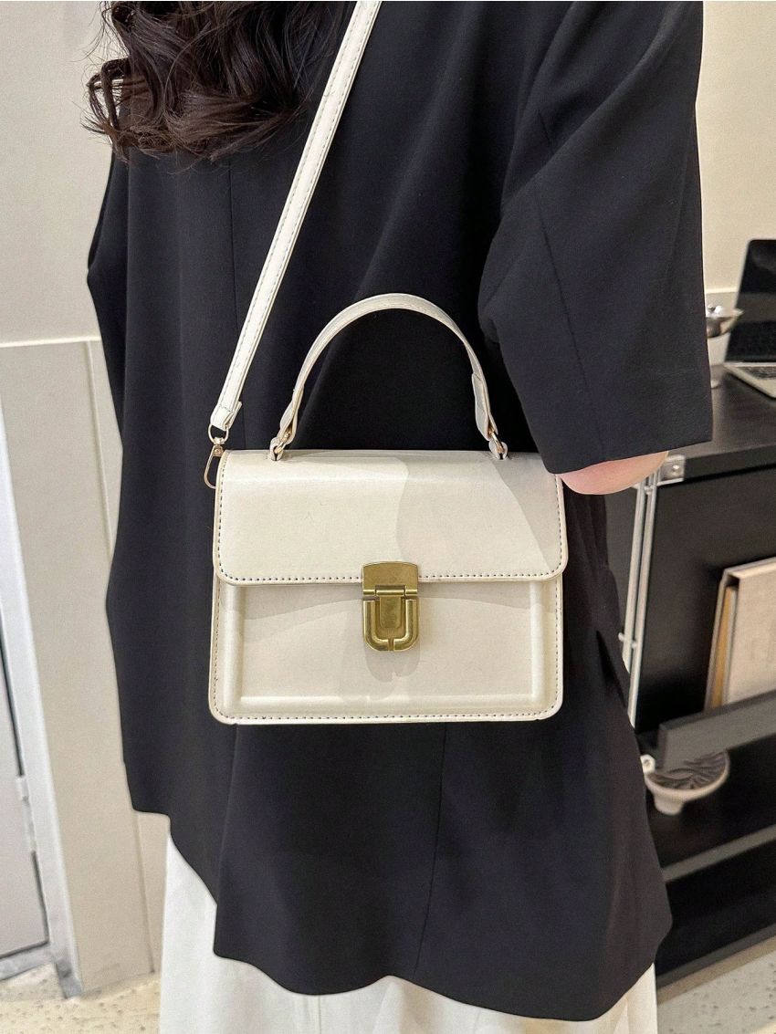 Mini Square Bag Top Handle Flap White PU