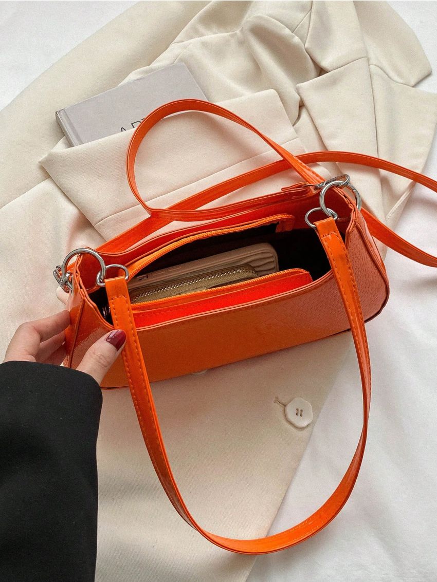 Snakeskin Embossed Baguette Bag With Zipper Neon Blue PU