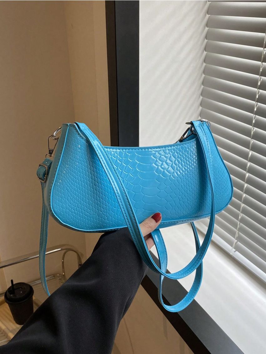 Snakeskin Embossed Baguette Bag With Zipper Neon Orange PU