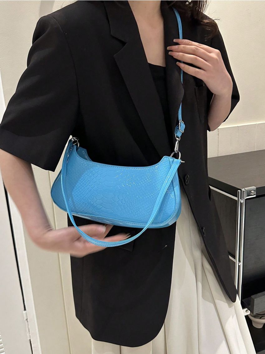 Snakeskin Embossed Baguette Bag With Zipper Neon Orange PU