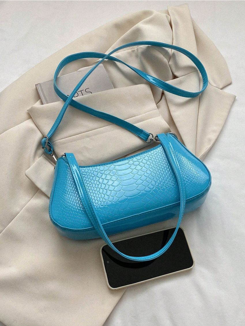 Snakeskin Embossed Baguette Bag With Zipper Neon Orange PU