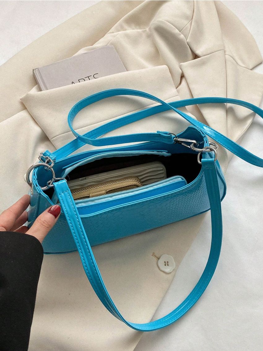 Snakeskin Embossed Baguette Bag With Zipper Neon Orange PU