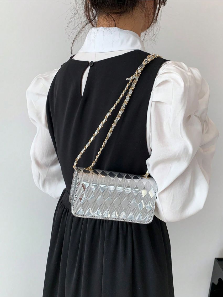 Mini Square Bag Argyle Embossed Flap Chain Metallic PU Funky