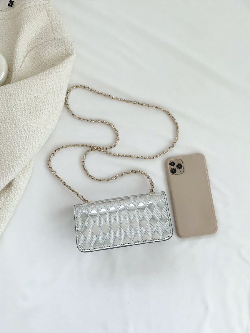 Mini Square Bag Argyle Embossed Flap Chain Metallic PU Funky