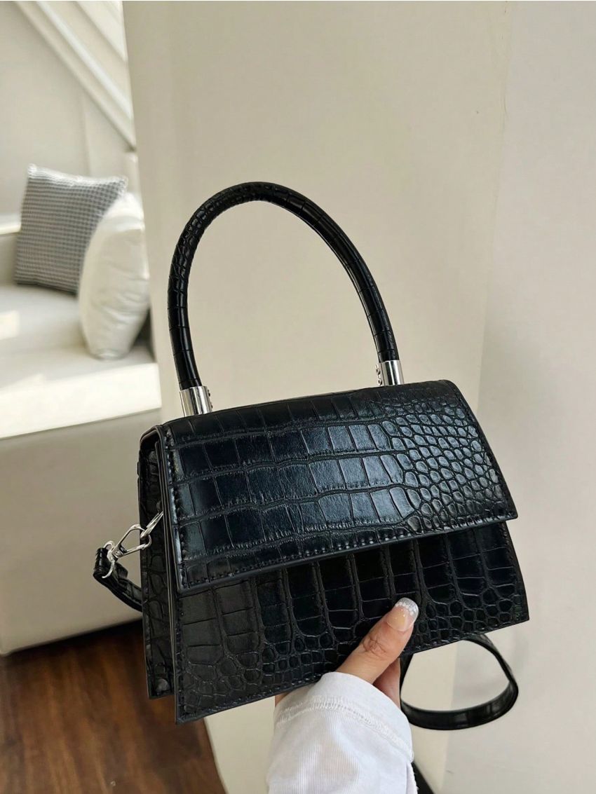 Mini Square Bag Crocodile Embossed Top Handle Flap Black PU Elegant