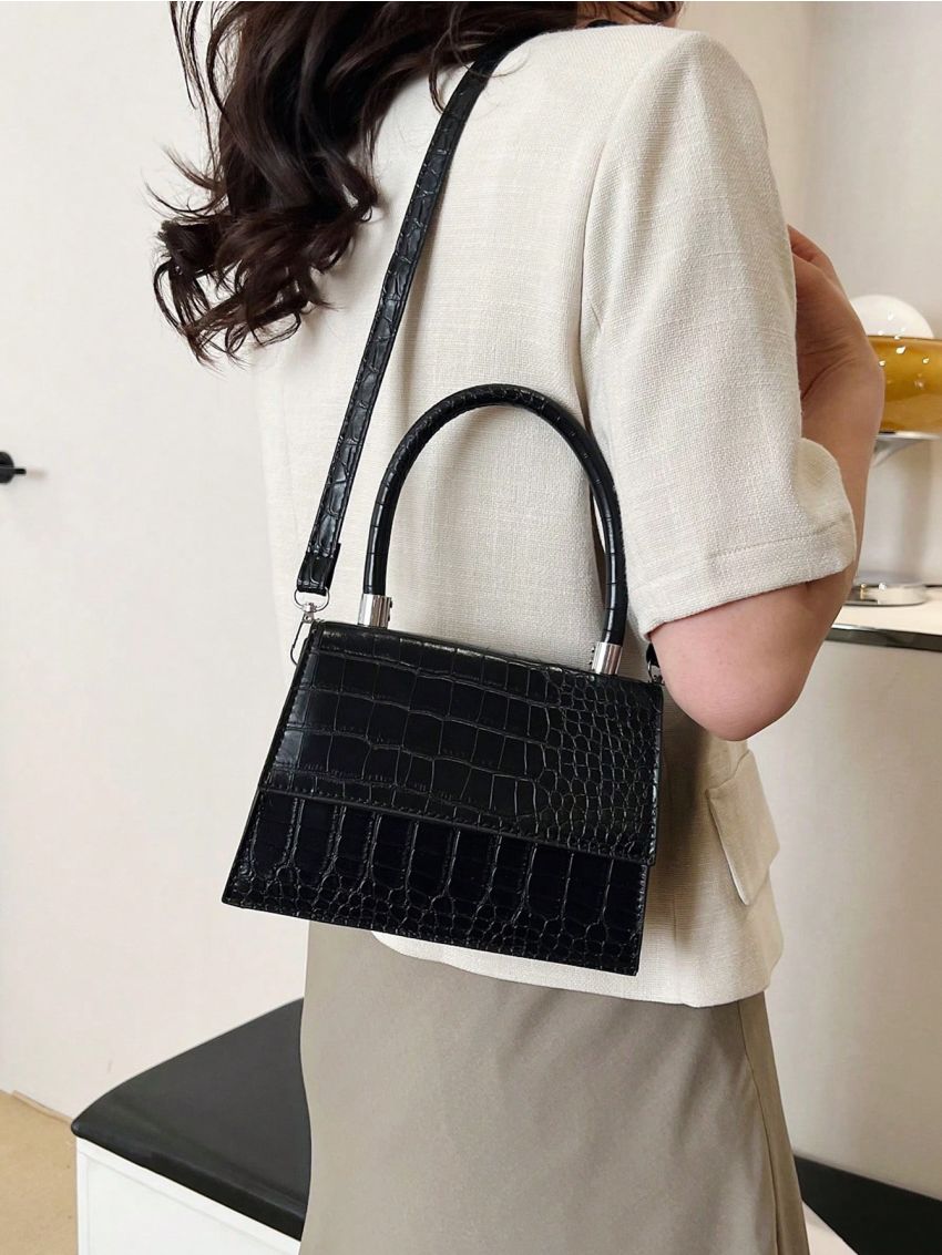 Mini Square Bag Crocodile Embossed Top Handle Flap Black PU Elegant