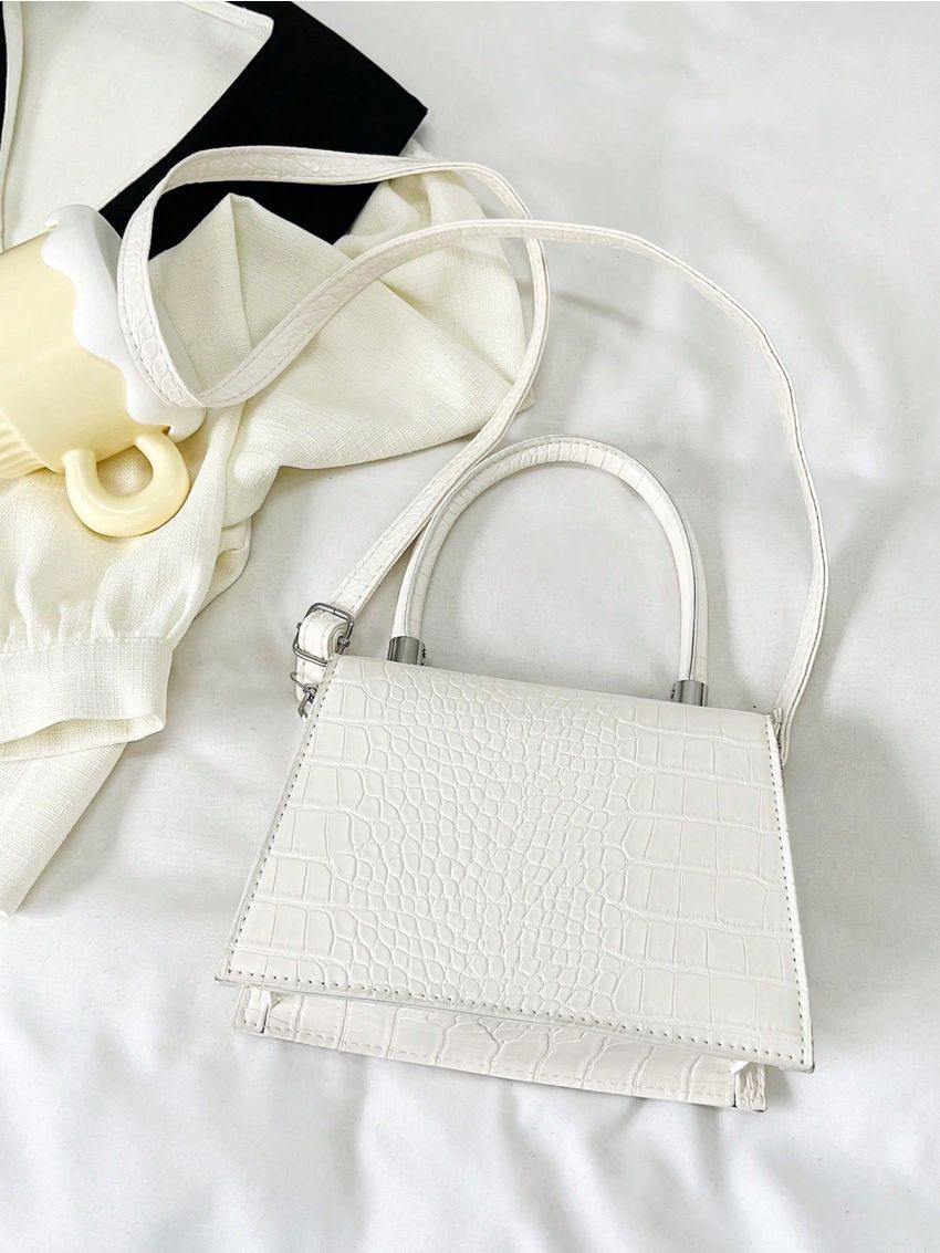 Mini Square Bag Crocodile Embossed Top Handle Flap White PU Elegant
