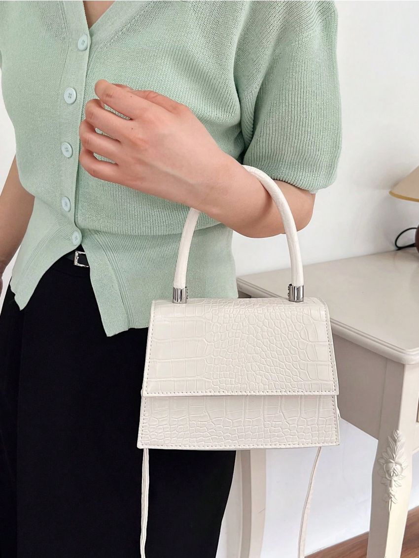 Mini Square Bag Crocodile Embossed Top Handle Flap White PU Elegant