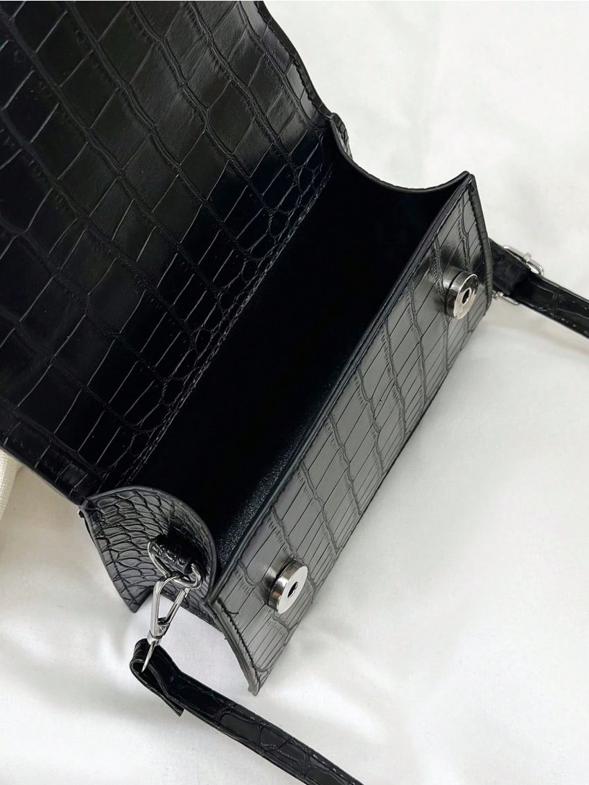 Mini Square Bag Crocodile Embossed Top Handle Flap Black PU Elegant