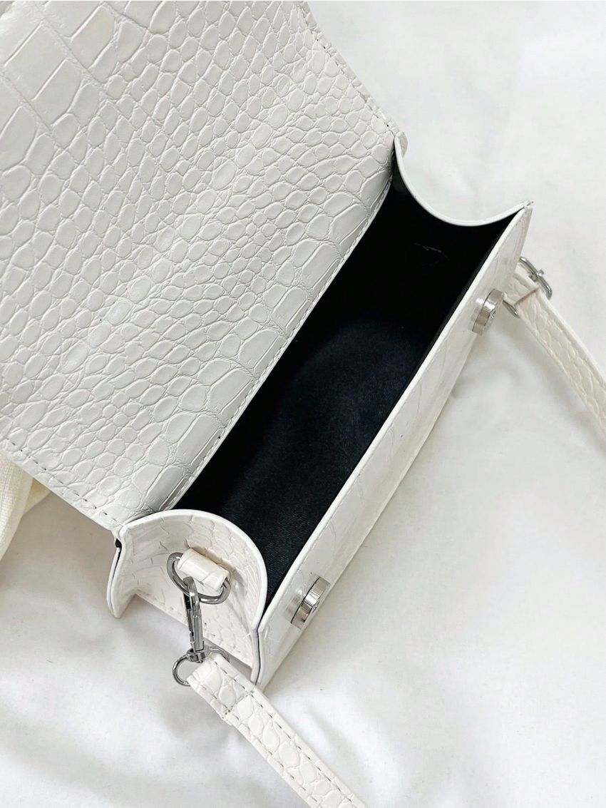 Mini Square Bag Crocodile Embossed Top Handle Flap White PU Elegant