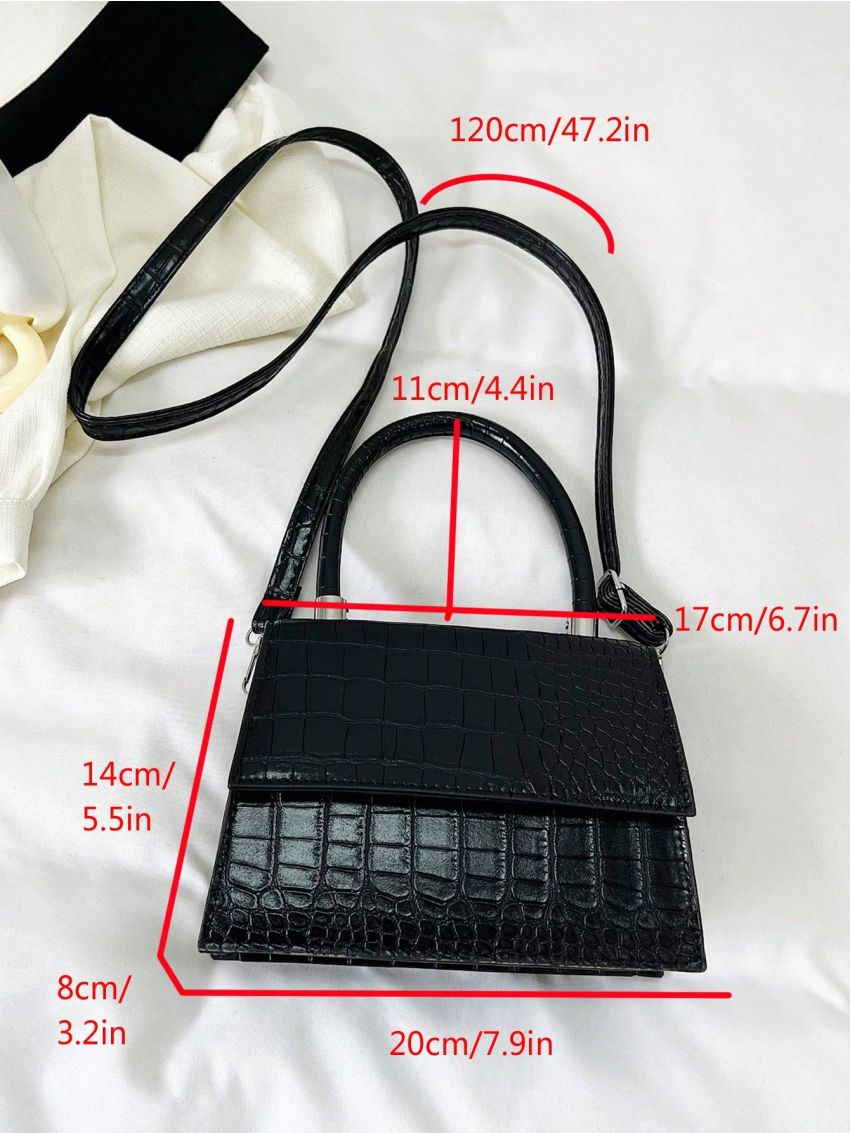 Mini Square Bag Crocodile Embossed Top Handle Flap Black PU Elegant