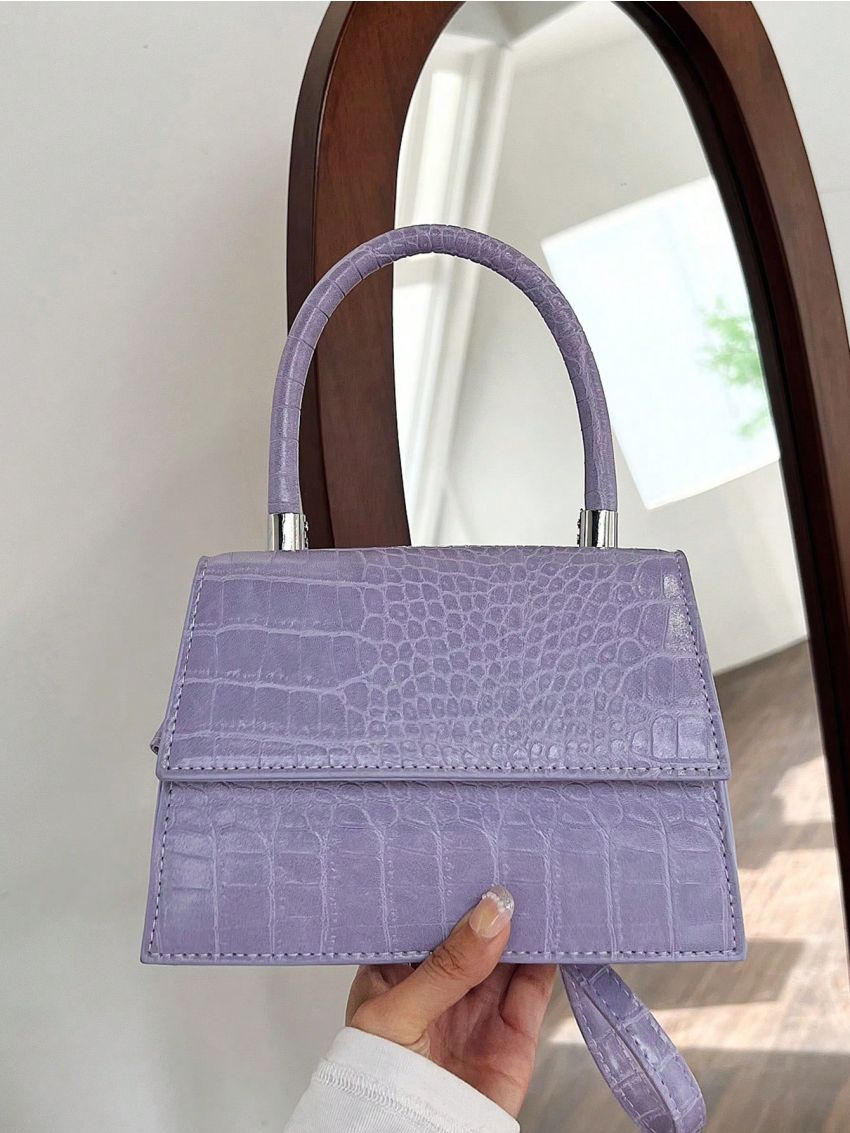 Mini Square Bag Crocodile Embossed Top Handle Flap White PU Elegant