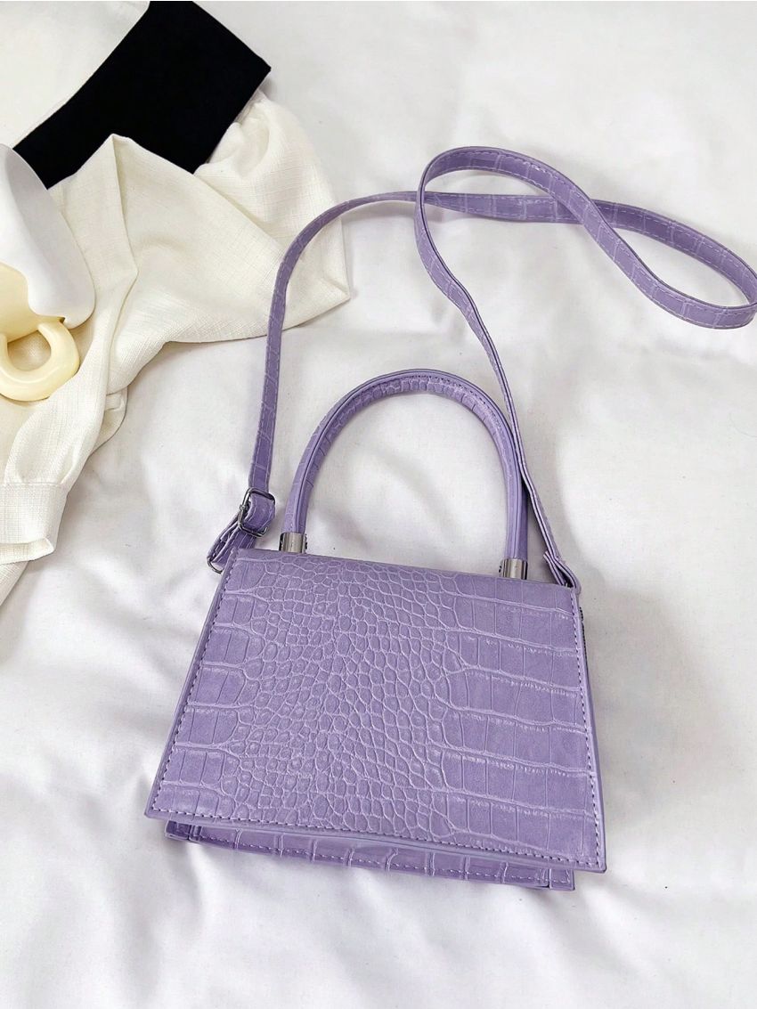 Mini Square Bag Crocodile Embossed Top Handle Flap White PU Elegant