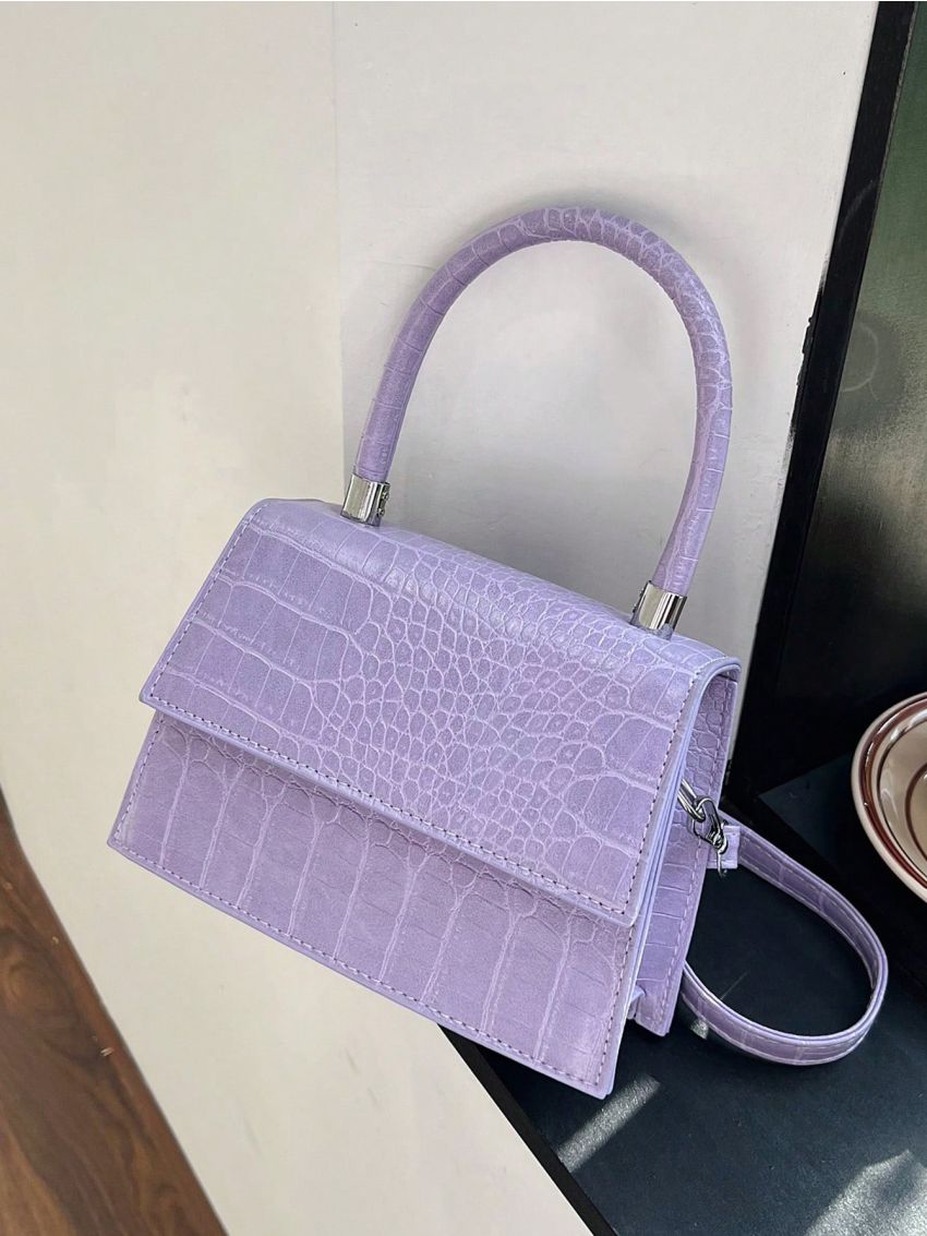 Mini Square Bag Crocodile Embossed Top Handle Flap White PU Elegant