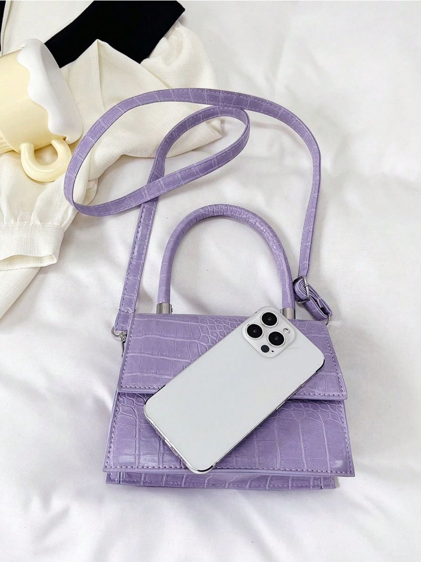 Mini Square Bag Crocodile Embossed Top Handle Flap White PU Elegant