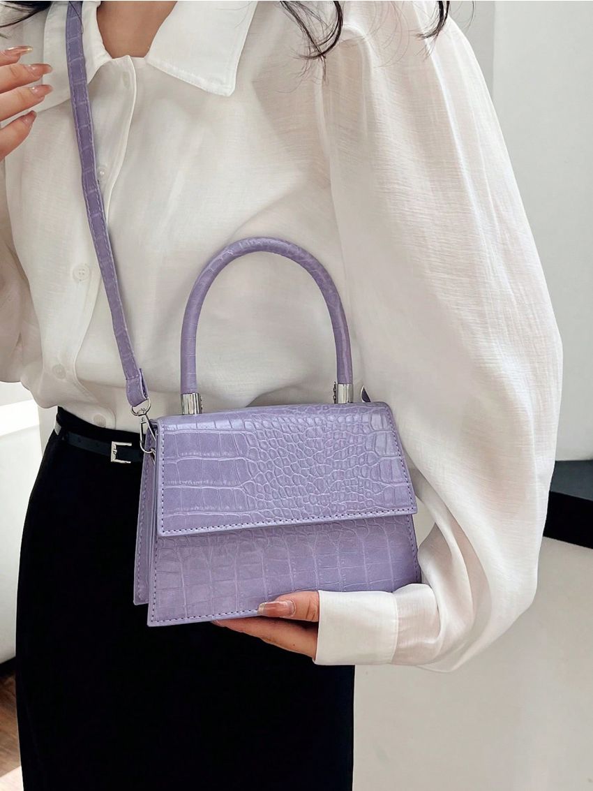 Mini Square Bag Crocodile Embossed Top Handle Flap White PU Elegant