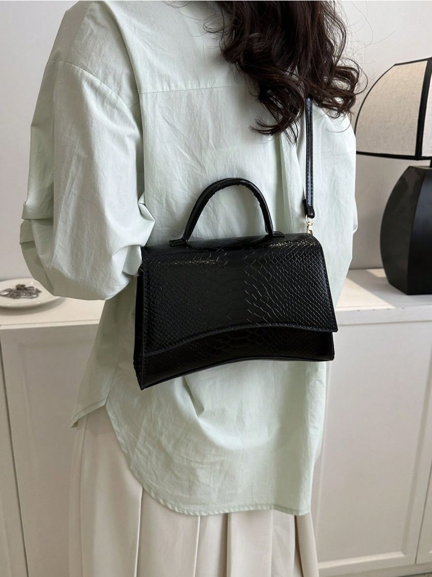 Snakeskin Embossed Square Bag Top Handle Flap Black PU