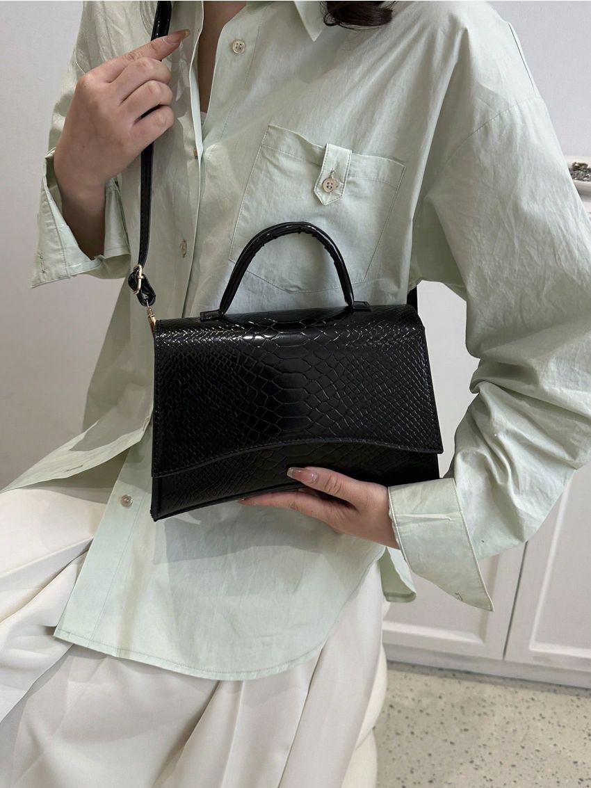 Snakeskin Embossed Square Bag Top Handle Flap Black PU