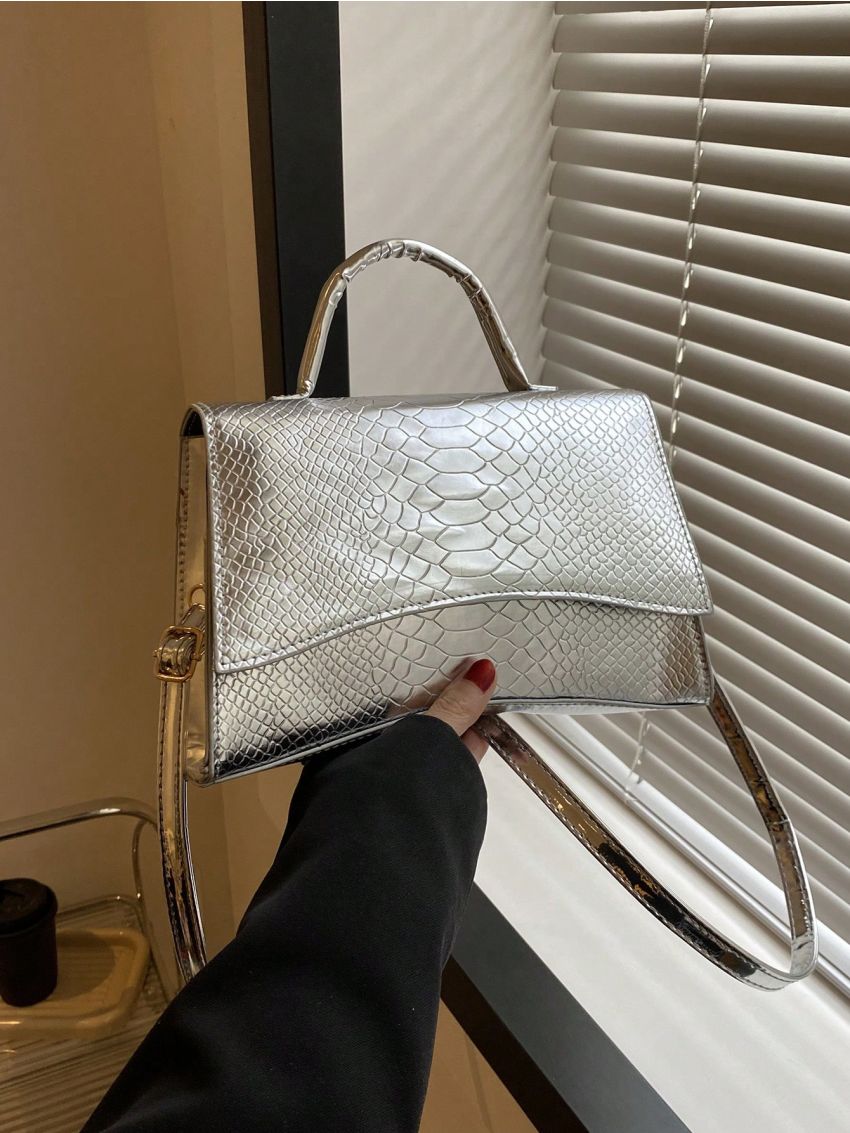 Snakeskin Embossed Square Bag Top Handle Flap Black PU