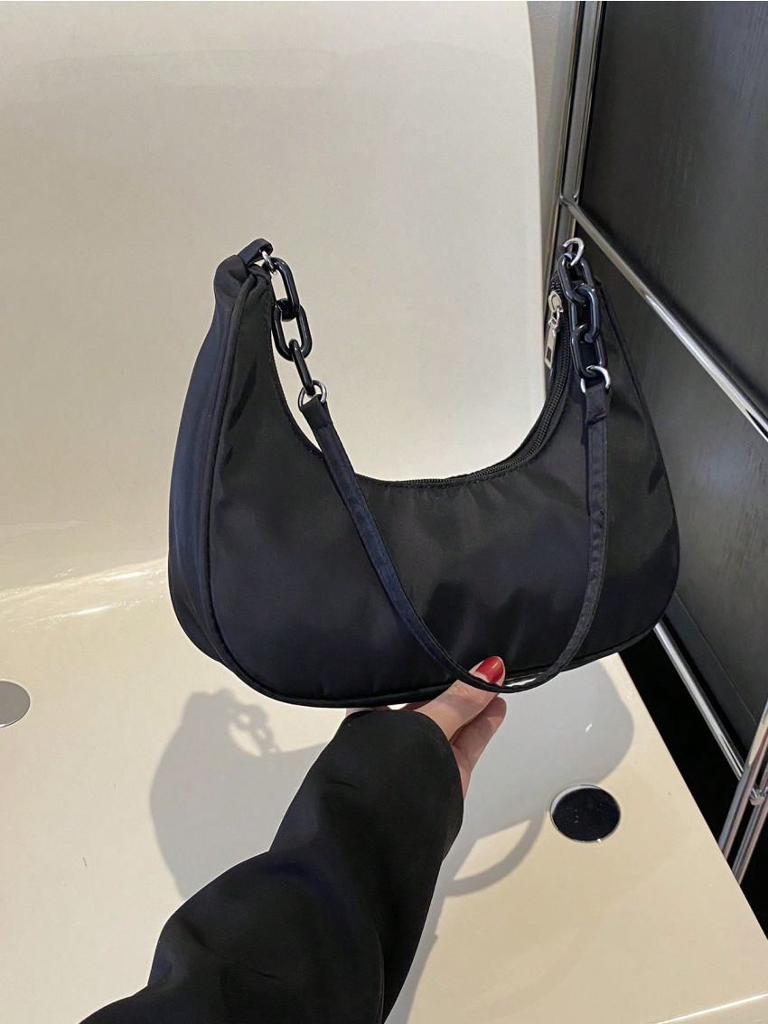 Chain Hobo Bag With Zipper Solid Color Nylon