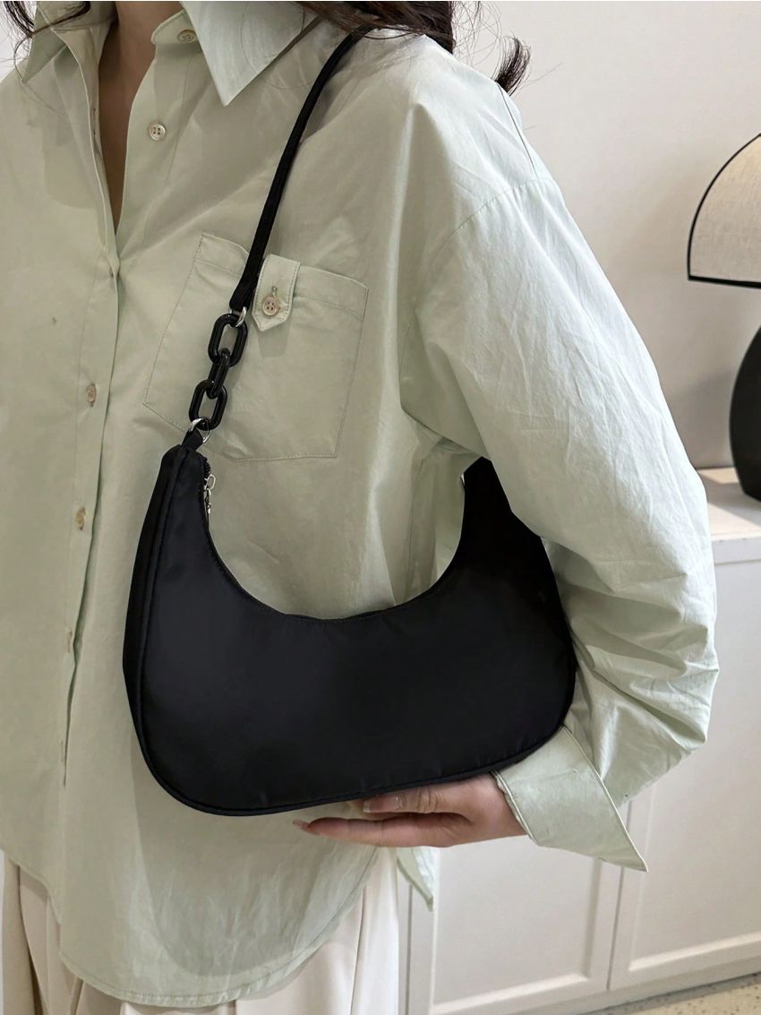 Chain Hobo Bag With Zipper Solid Color Nylon