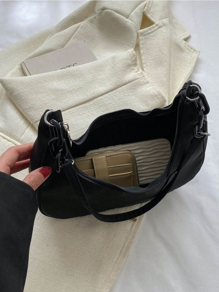 Chain Hobo Bag With Zipper Solid Color Nylon