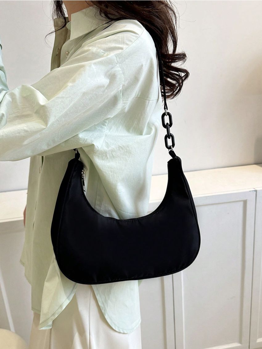 Chain Hobo Bag With Zipper Solid Color Nylon