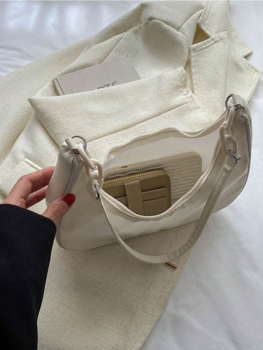 Chain Decor Hobo Bag With Zipper Nylon