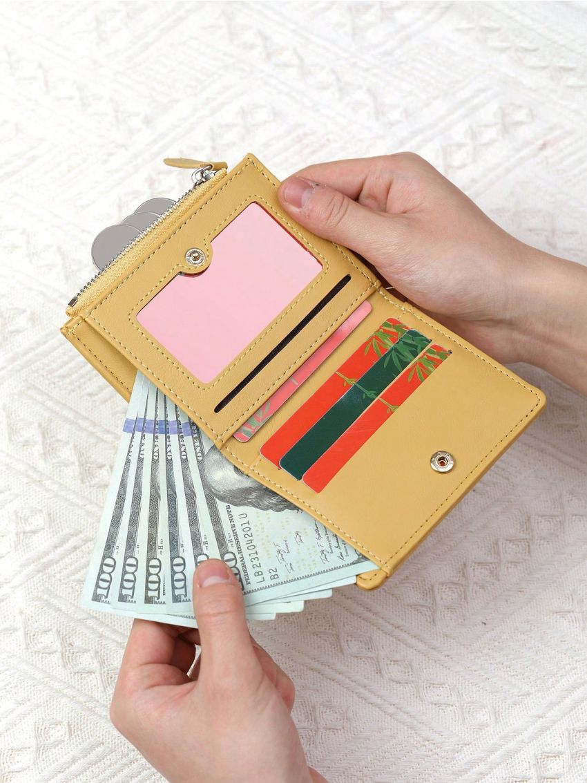 Geometric Pattern Small Wallet Letter Detail Zipper Bifold PU