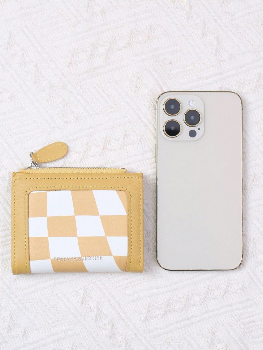 Geometric Pattern Small Wallet Letter Detail Zipper Bifold PU