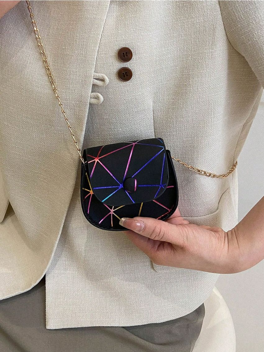 Mini Chain Strap Ladies Saddle Bag Geometric Pattern
