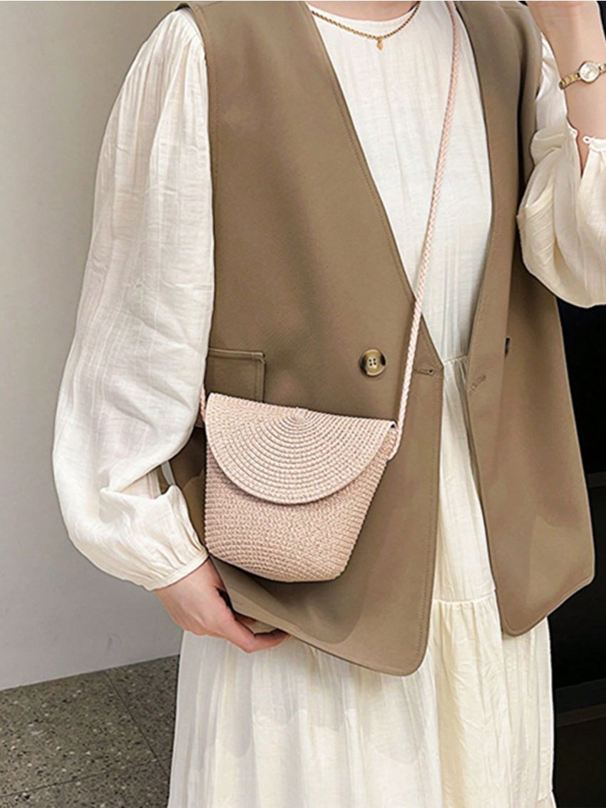 Straw Bucket Bag Vintage Woven Rattan Shoulder Bag Women Summer Vacation Bag