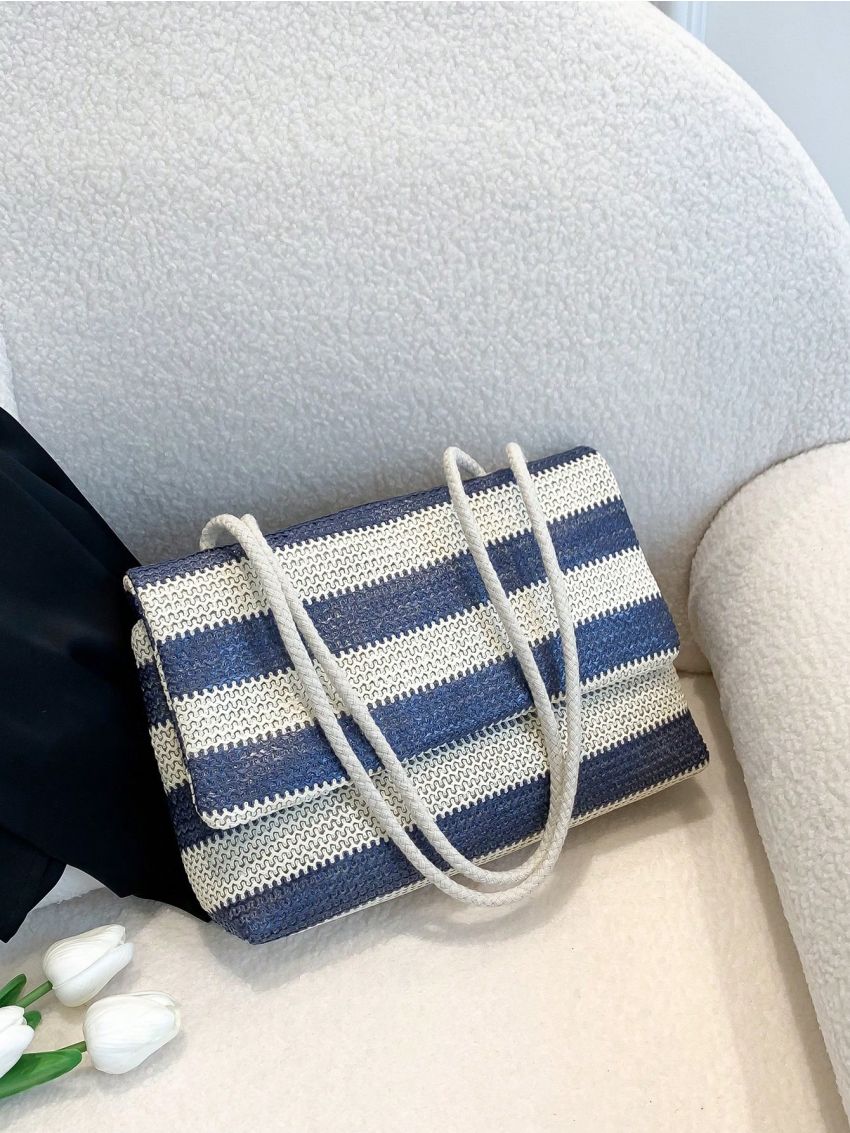 Striped Pattern Straw Bag Medium Flap Vacation