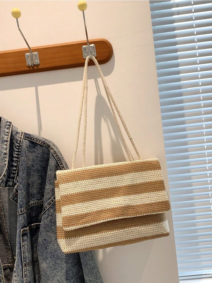 Striped Pattern Straw Bag Medium Flap Vacation