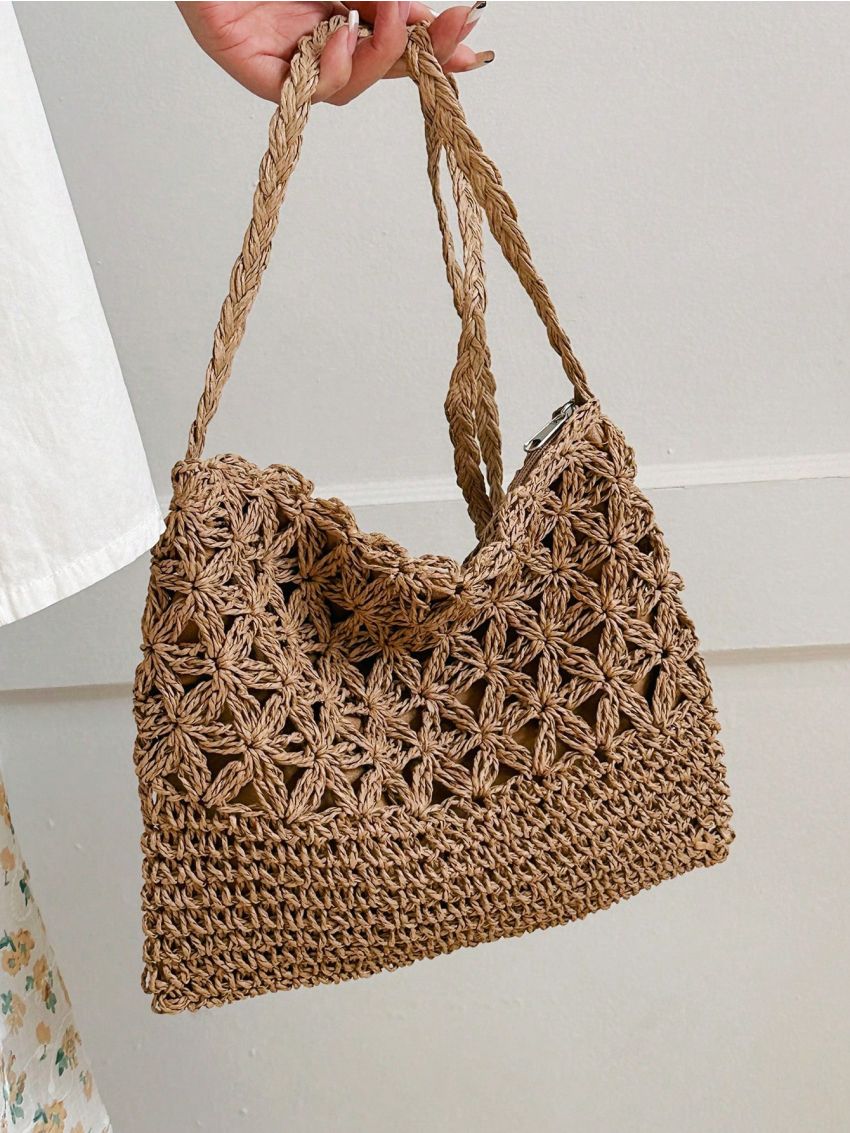 Hollow Out Straw Bag Vacation Zipper, Clear Bag