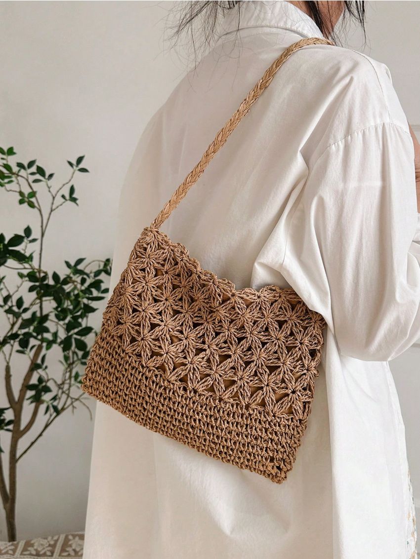 Hollow Out Straw Bag Vacation Zipper, Clear Bag