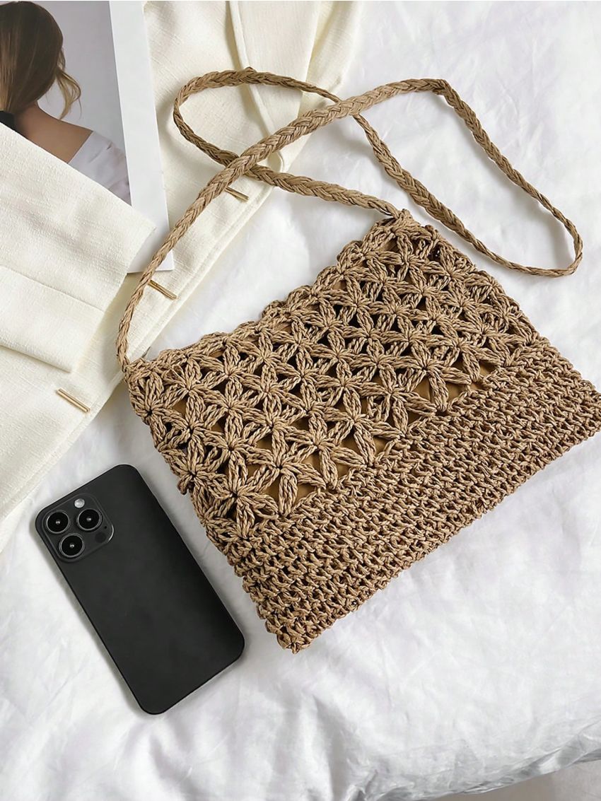 Hollow Out Straw Bag Vacation Zipper, Clear Bag