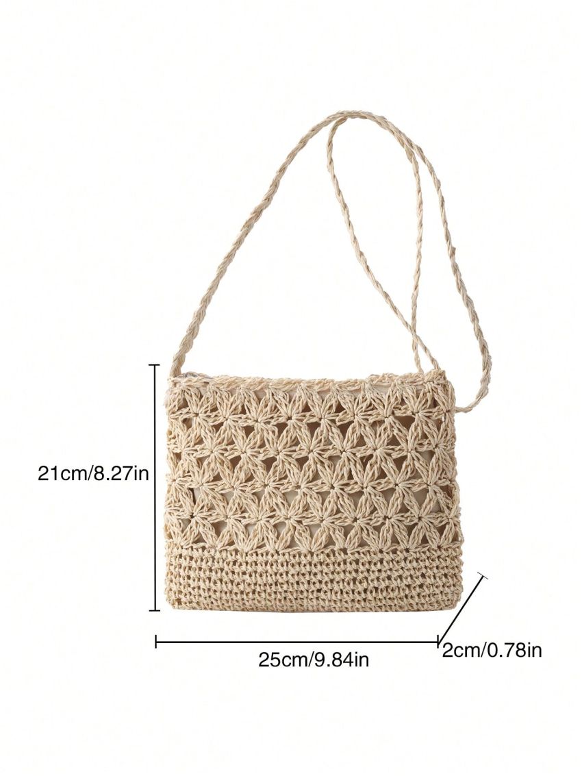 Brown Straw Bag Vacation Hollow Out Detail Zipper, Clear Bag