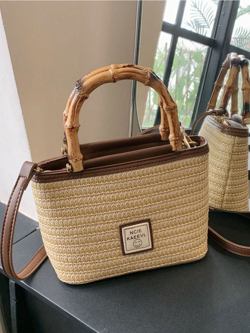 Letter Patch Decor Straw Bag Small Double Handle Vacation