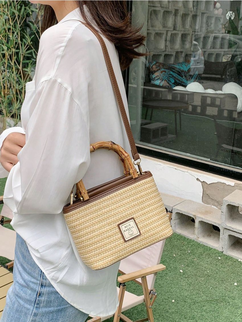 Letter Patch Decor Straw Bag Small Double Handle Vacation