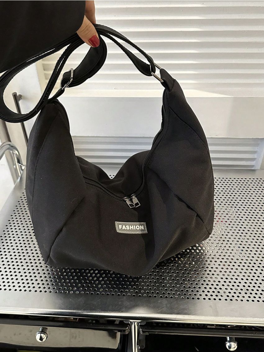 Solid Color Hobo Bag Letter Patch Decor Adjustable Strap