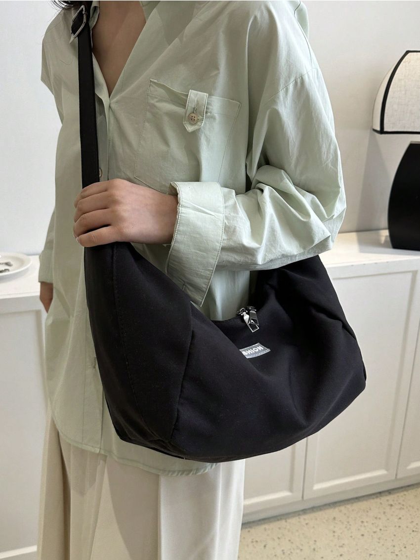 Solid Color Hobo Bag Letter Patch Decor Adjustable Strap