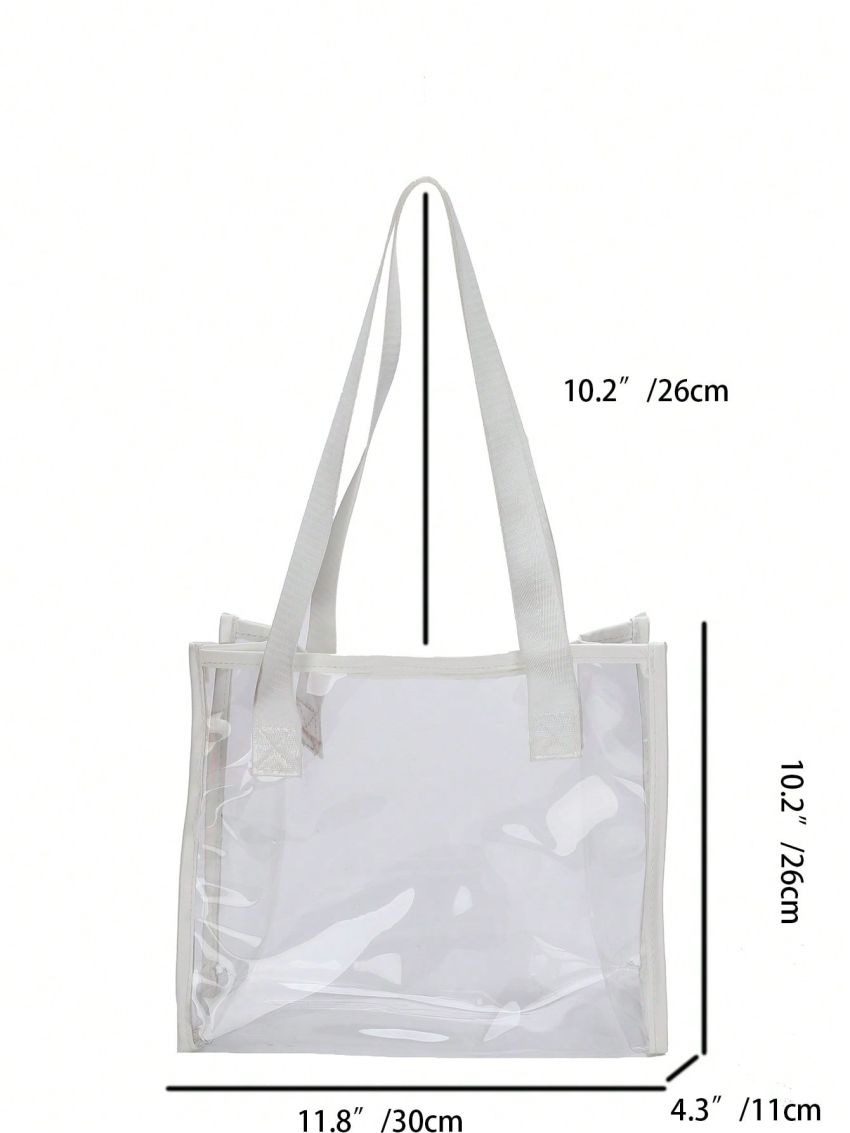 Black Shoulder Tote Bag No-closure High-capacity PVC, Clear Bag