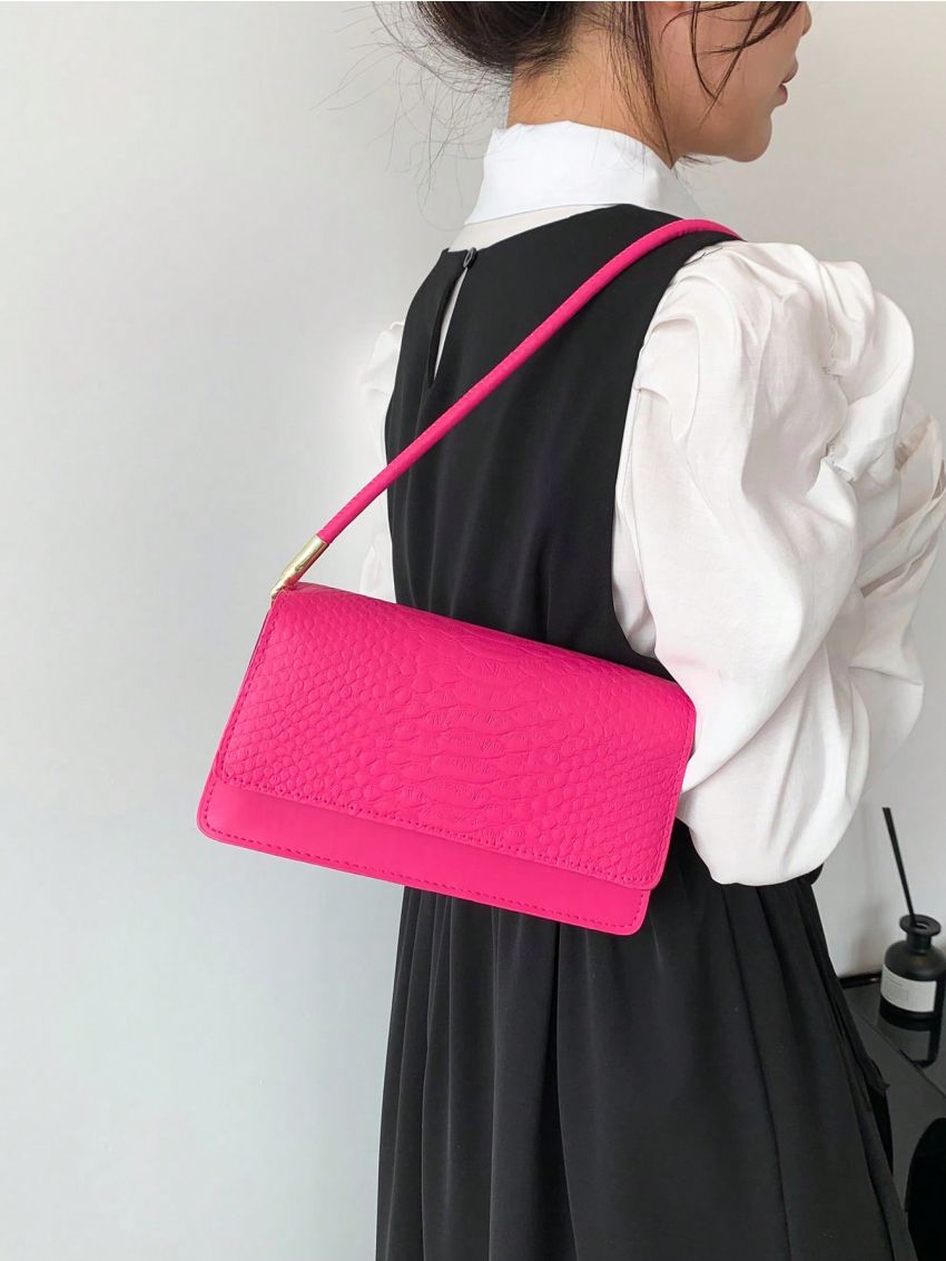 Small Square Bag Funky Neon Pink Crocodile Embossed