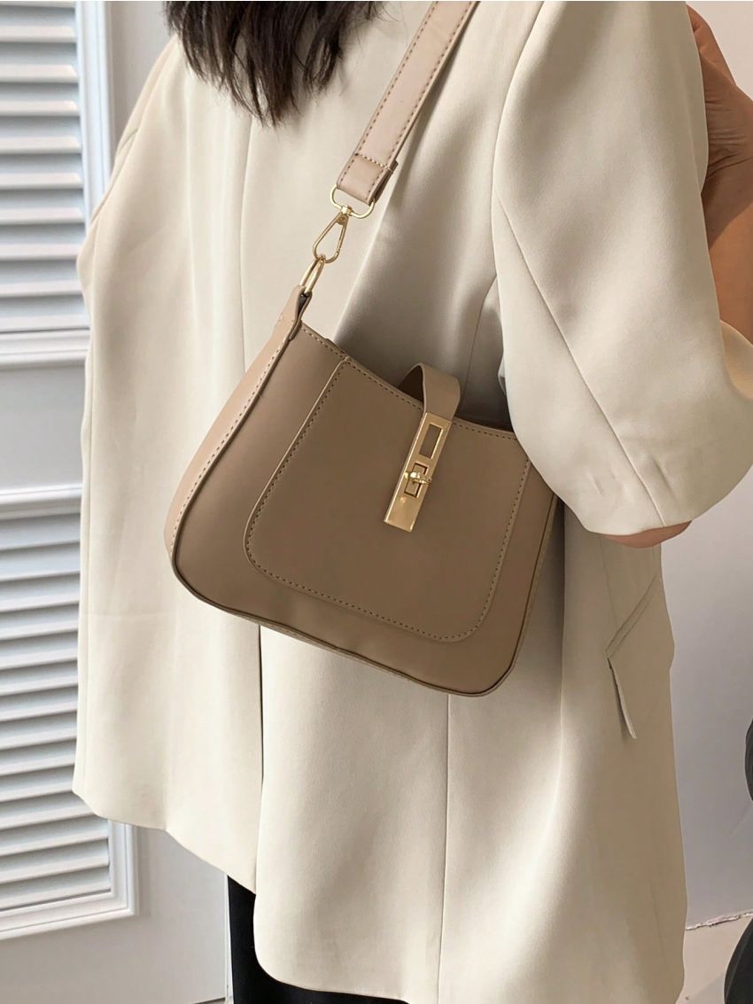 Mini Hobo Bag Beige Twist Lock Adjustable-strap PU