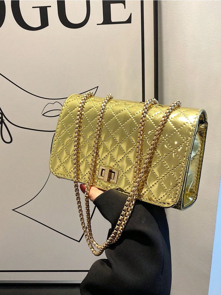 Small Square Bag Quilted Detail Flap Chain