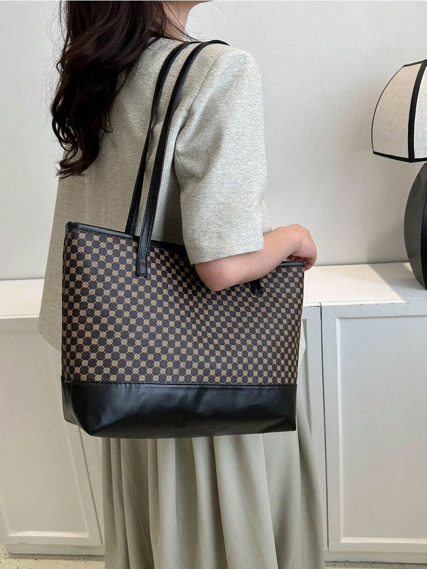 Geometric Pattern Shoulder Tote Bag Double Handle PU