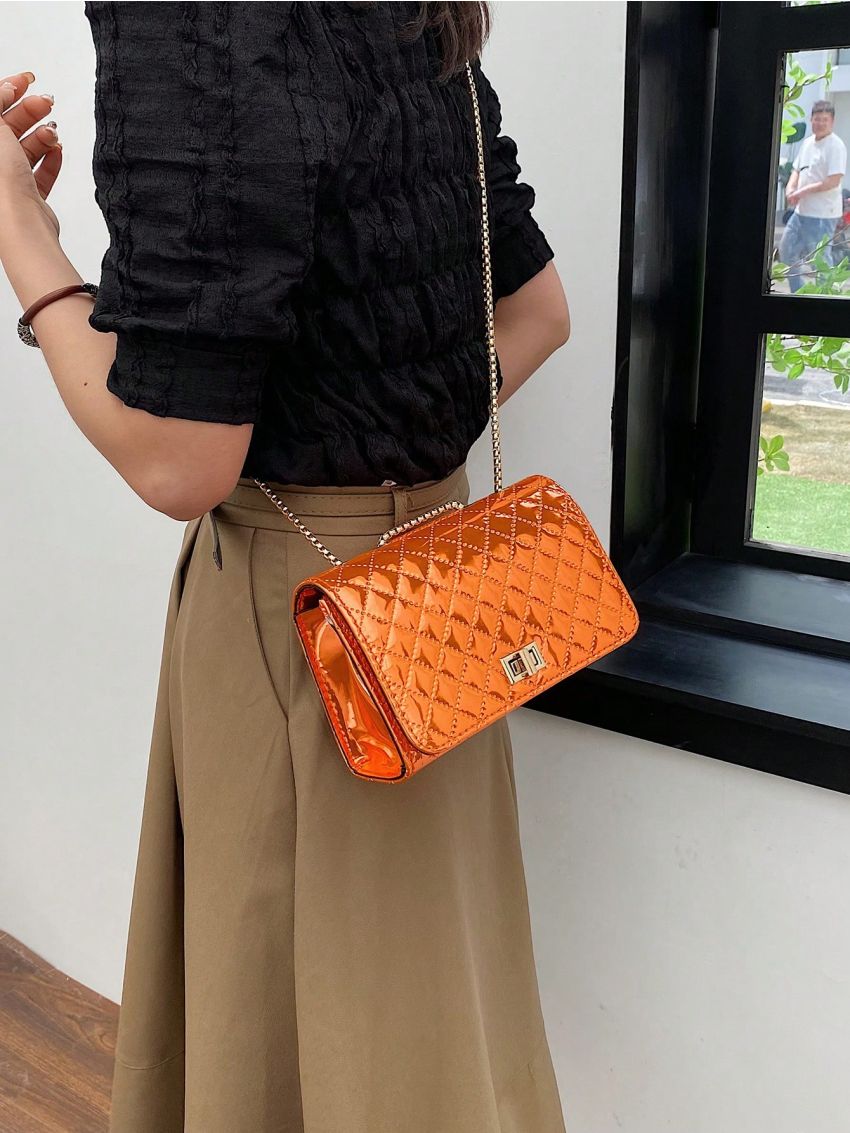 Small Square Bag Funky Metallic Orange Chain Twist Lock Flap PU